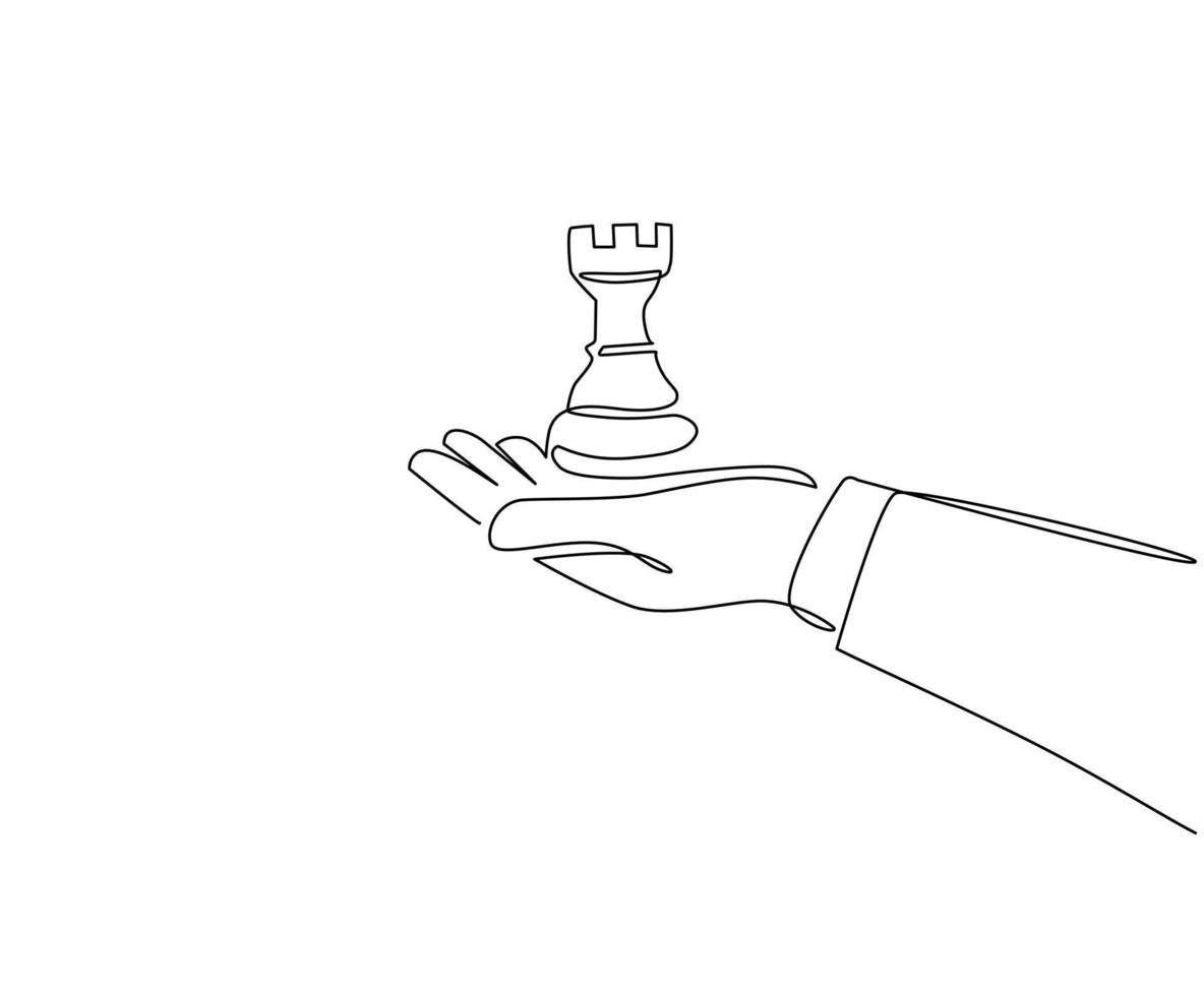 uma mão de desenho de linha contínua segurando a figura de xadrez